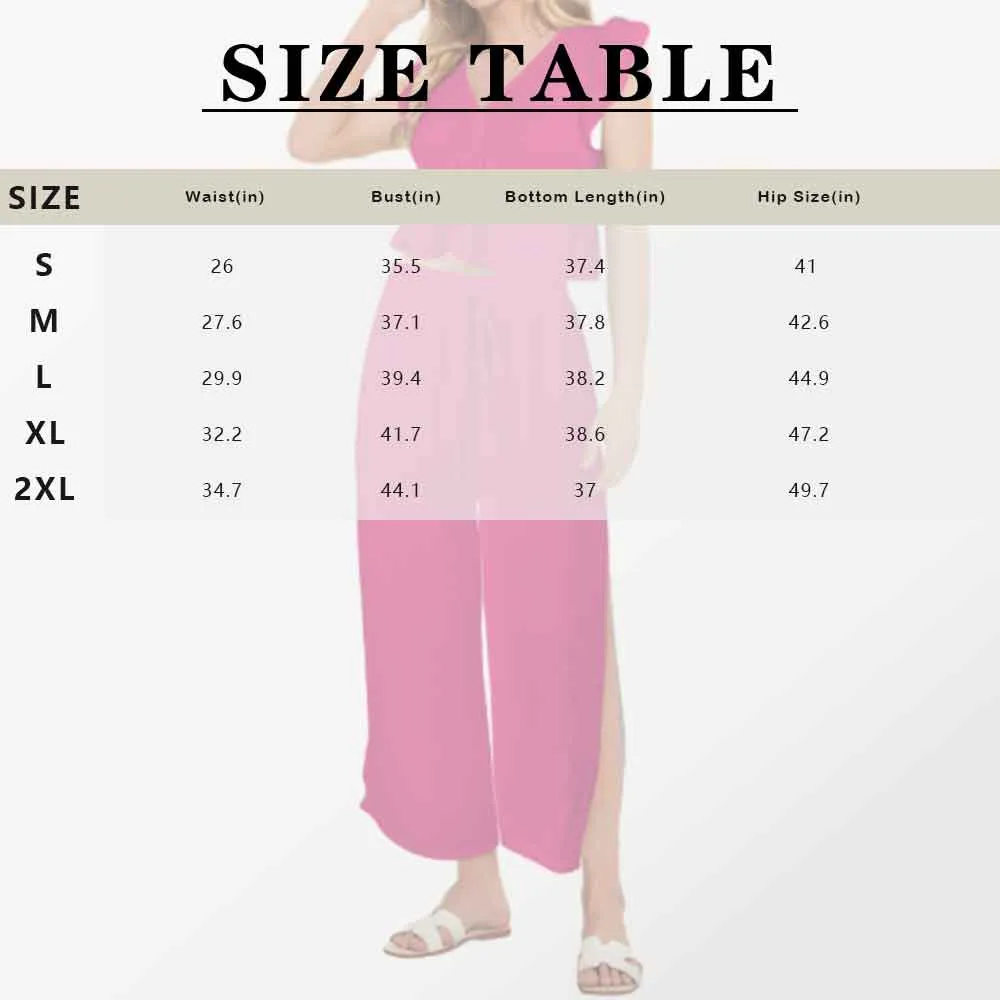 26  Colors Custom Face Women's Deep V Neck Crop Top Side Slit Drawstring Wide Leg Pants Set