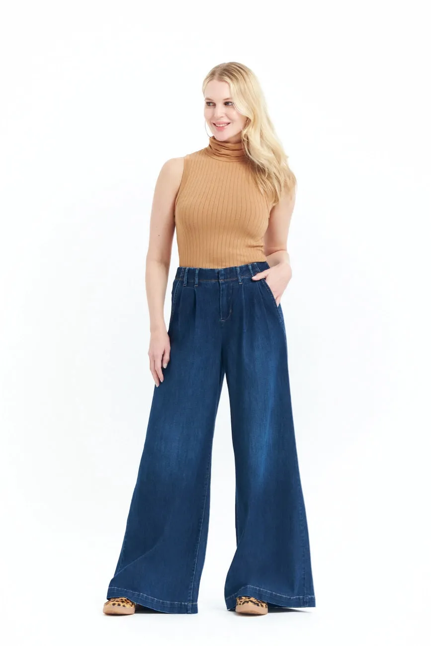 Chambray Pleated Wide Leg Jeans 32" by 1822 Denim