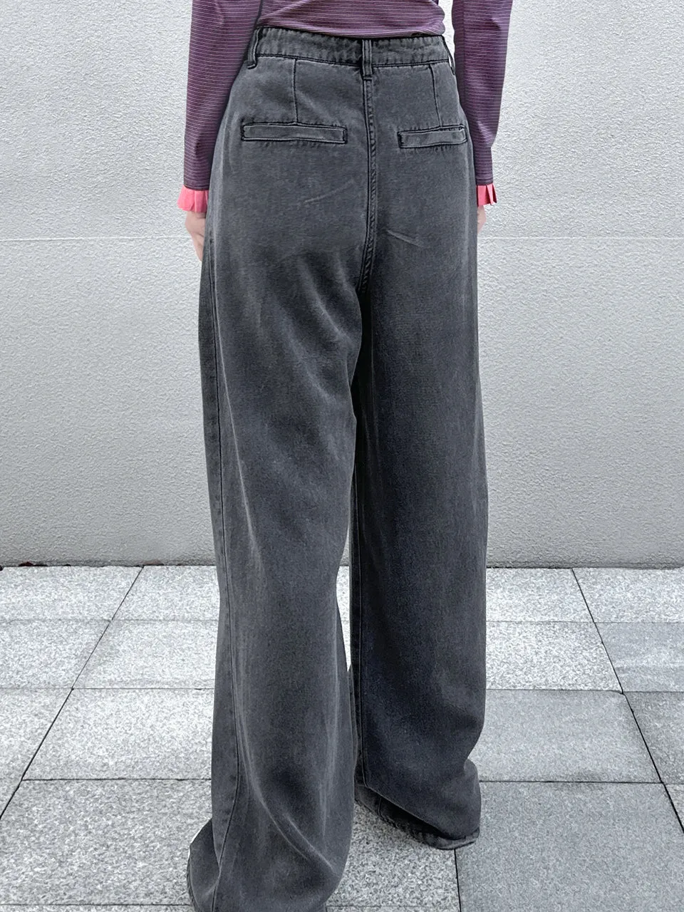 Dark Grey Foldover Waist Soft Washed Wide Leg Jeans