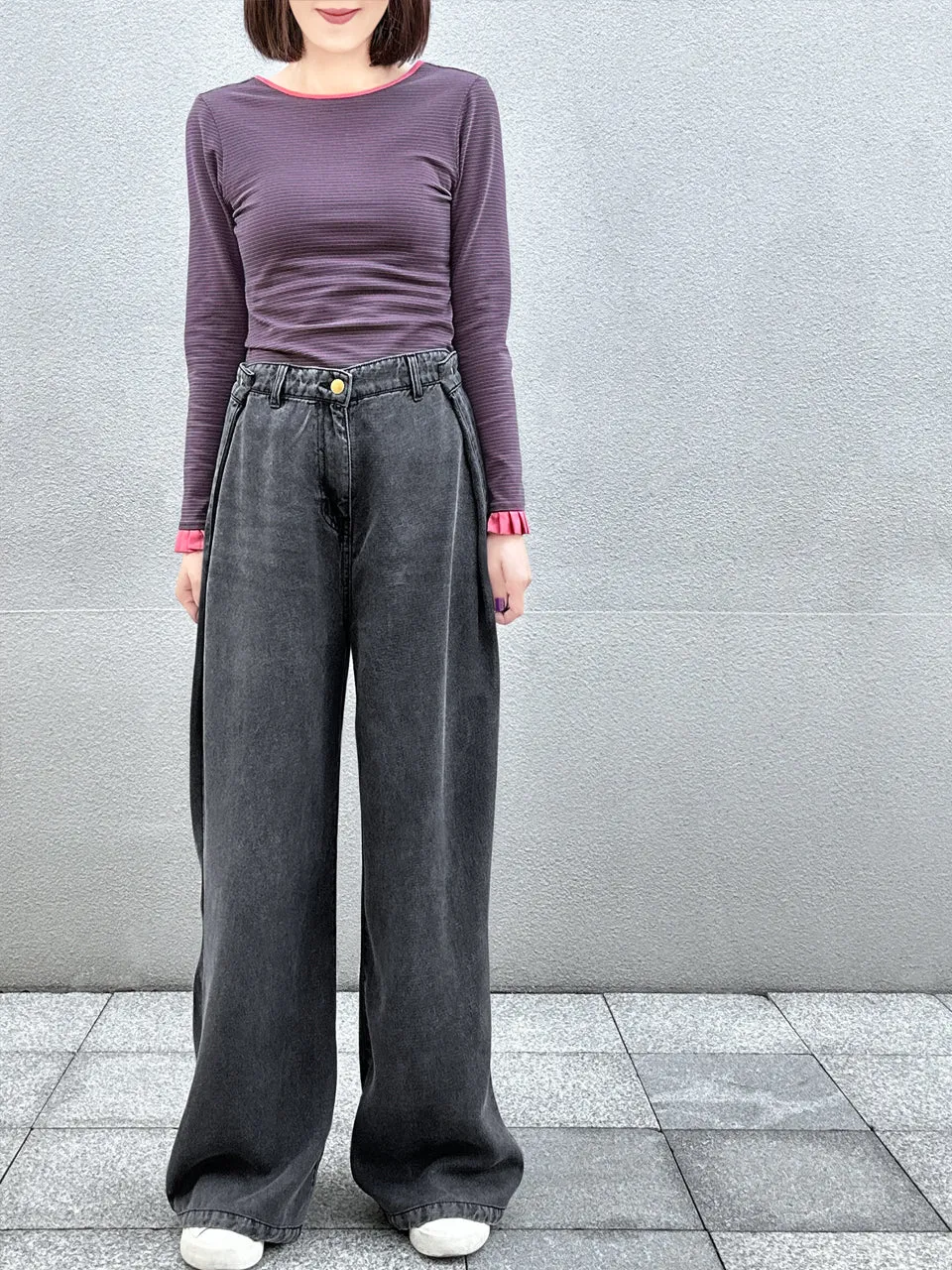 Dark Grey Foldover Waist Soft Washed Wide Leg Jeans