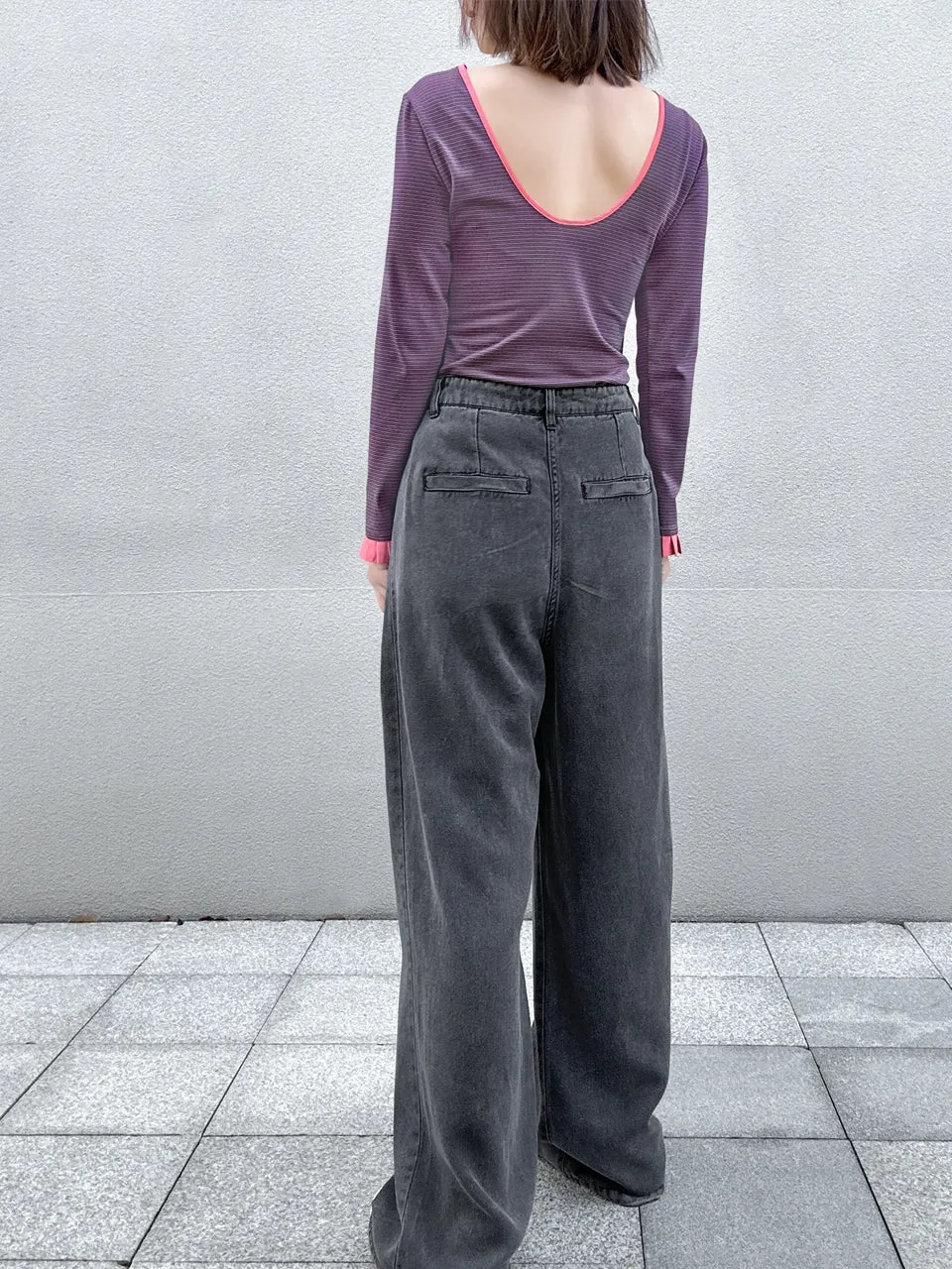 Dark Grey Foldover Waist Soft Washed Wide Leg Jeans