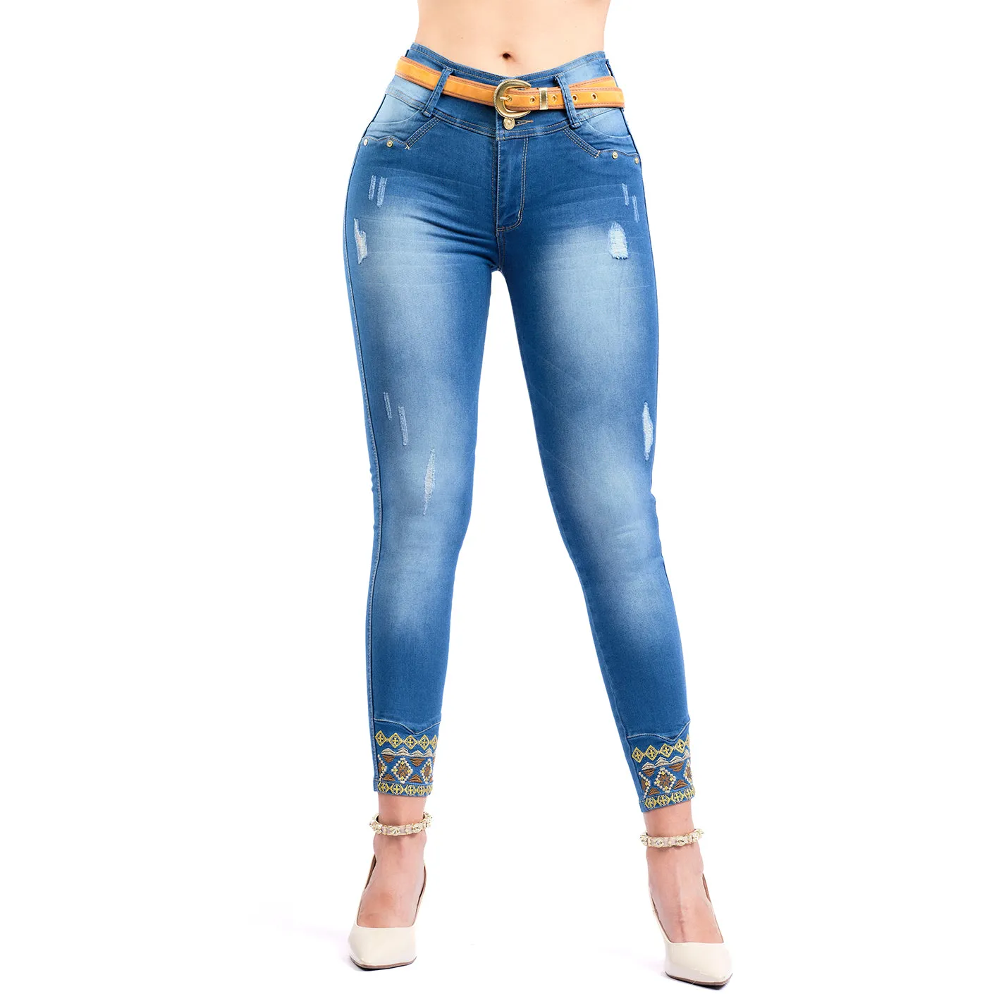 LT. Rose 1500 | Butt Lifting Skinny Ankle Ripped Embroidered Colombian Jeans for Women