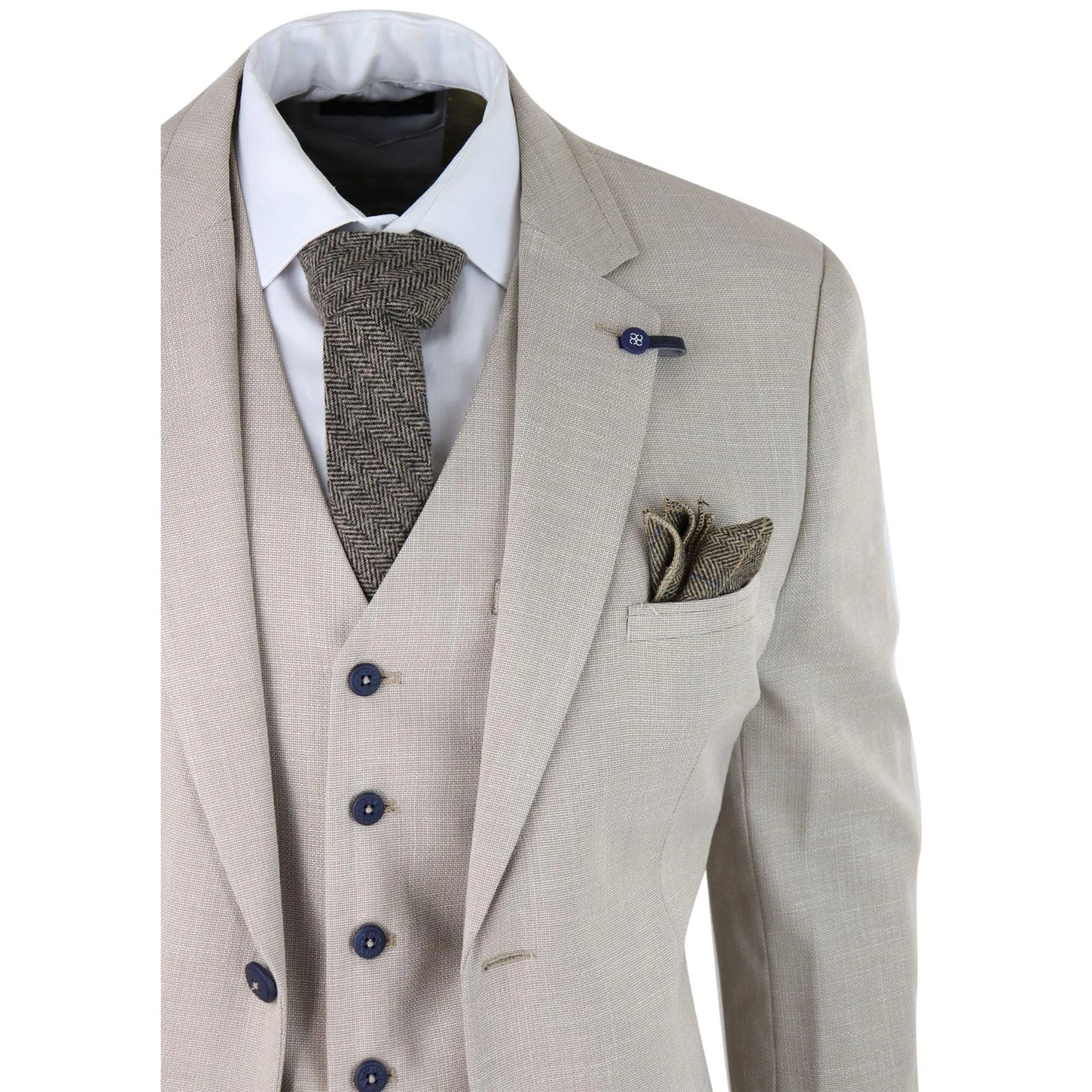 Mens 3 Piece Suit Linen Beige Cream 2 Button Tailored Fit Classic Retro