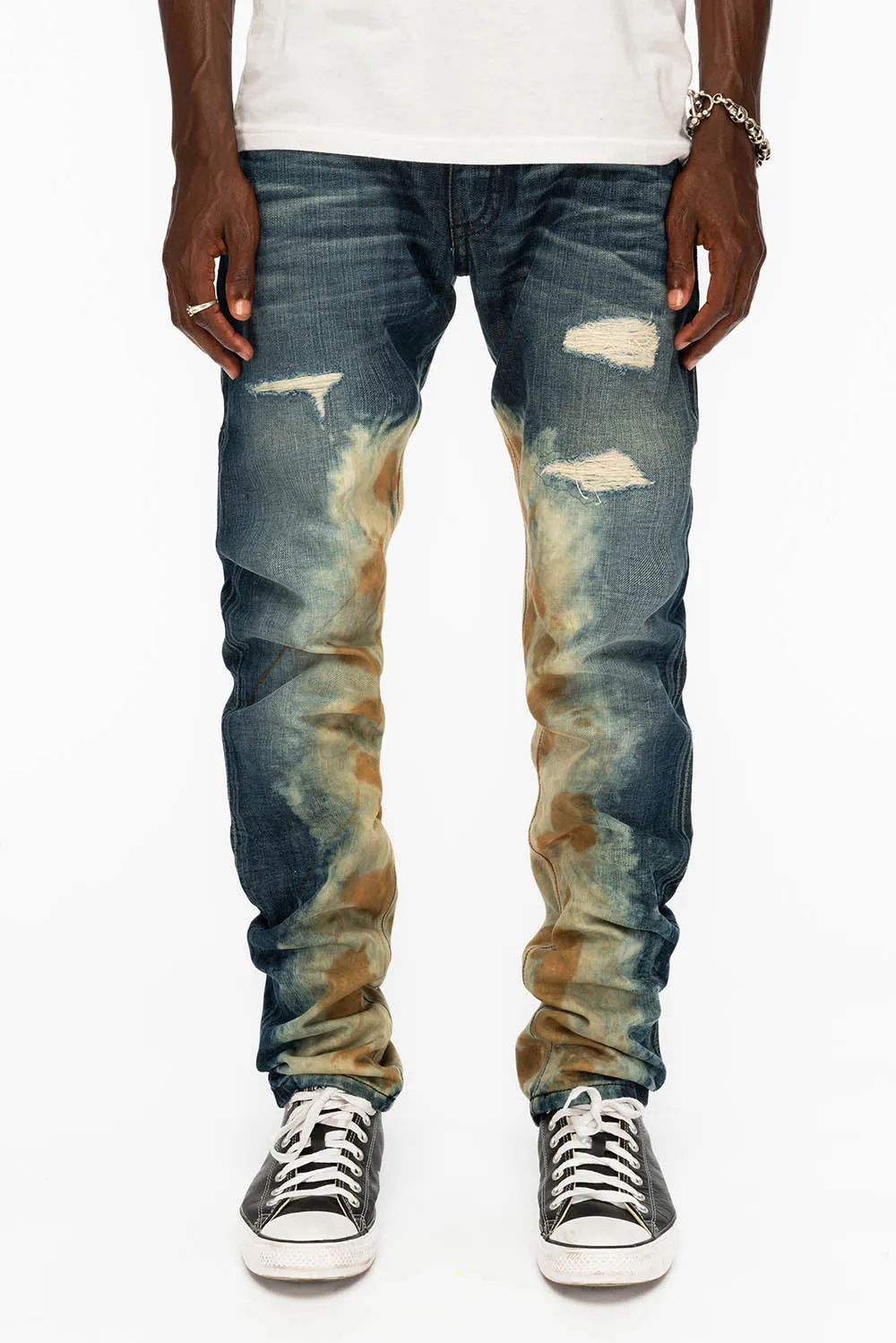 MENS LONG FLAP SLIM JEANS WITH CRYSTALS IN HYPER WASH