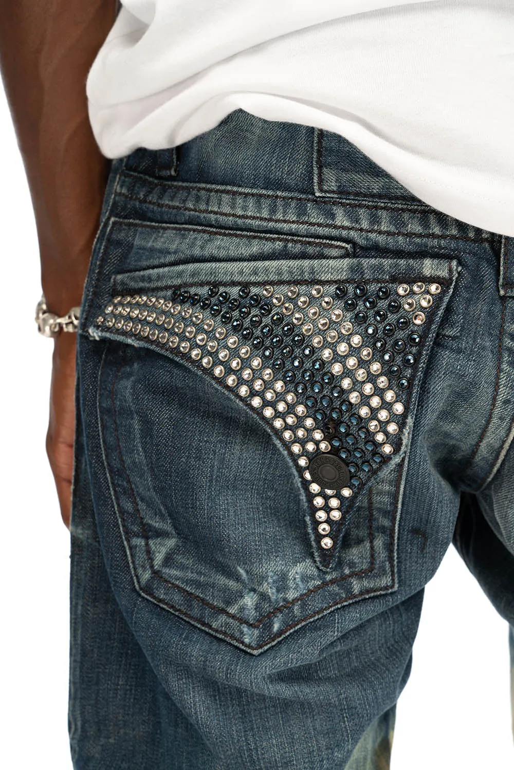 MENS LONG FLAP SLIM JEANS WITH CRYSTALS IN HYPER WASH